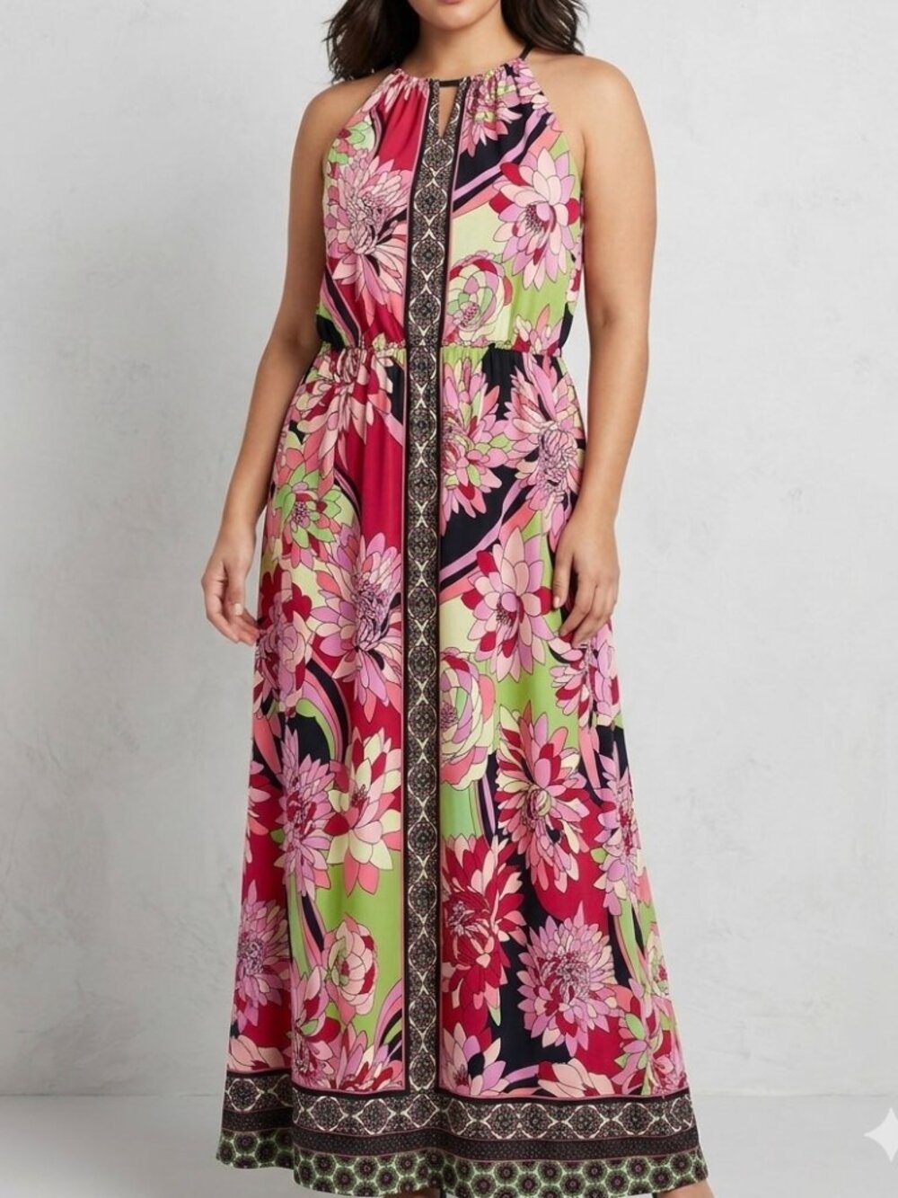 London Times Floral Halter Maxi Dress Size 8 Pink/Green Y2K Mod 70s BohoChic